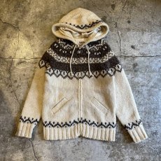 画像1: NORDIC PATTERN ZIP UP DESIGN HOODIE KNIT SWEATER / Ladies M (1)