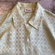 画像5: PISTACHIO GREEN COLOR CHECKERS DESIGN SILK L/S SHIRT / Ladies M (L) (5)