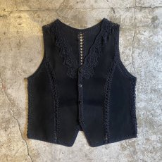 画像1: BLACK COLOR SUEDE LEATHER CROCHET DESIGN VEST / Ladies M (1)