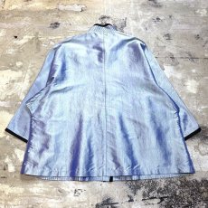 画像2: BLUE STRIPE LINE STITCH STAND COLLAR S/S SILK SHIRT / Mens L (2)