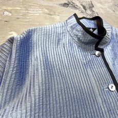 画像3: BLUE STRIPE LINE STITCH STAND COLLAR S/S SILK SHIRT / Mens L (3)