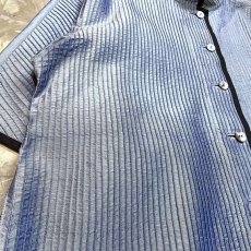 画像5: BLUE STRIPE LINE STITCH STAND COLLAR S/S SILK SHIRT / Mens L (5)