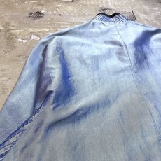 画像9: BLUE STRIPE LINE STITCH STAND COLLAR S/S SILK SHIRT / Mens L (9)