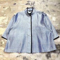 画像1: BLUE STRIPE LINE STITCH STAND COLLAR S/S SILK SHIRT / Mens L (1)