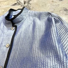 画像4: BLUE STRIPE LINE STITCH STAND COLLAR S/S SILK SHIRT / Mens L (4)