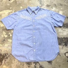 画像1: BLUE COLOR BOTANICAL EMBROIDERY S/S SHIRT / Mens L (1)