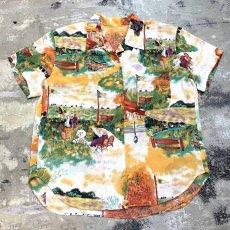 画像1: ALL OVER STREET SCENE PATTERN OPEN COLLAR S/S SHIRT / Mens L (1)