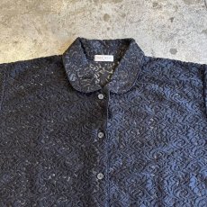 画像7: BLACK COLOR FLOWER PATTERN CROCHET DESIGN S/S SHIRT / Ladies M(L) (7)