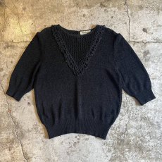 画像1: BLACK COLOR FRONT MESH DESIGN SUMMER KNIT S/S TOPS / Ladies M (1)