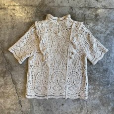 画像2: FRILL DESIGN CROCHET KNIT S/S TOPS / Ladies M (2)