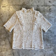 画像1: FRILL DESIGN CROCHET KNIT S/S TOPS / Ladies M (1)