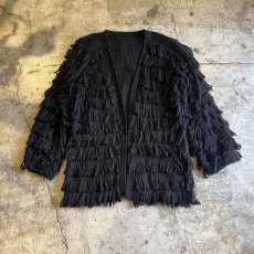 画像1: BLACK COLOR LOOP FRINGE LINE DESIGN KNIT CARDIGAN / Ladies M (1)