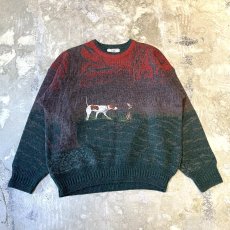 画像1: TREE PATTERN & ANIMAL EMBROIDERY KNIT SWEATER / Mens L (1)