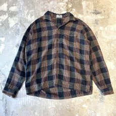 画像1: ALL OVER CHECK PATTERN OPEN COLLAR L/S SHIRT / Mens L / MADE IN FRENCH (1)