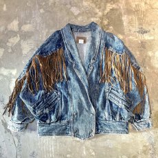 画像1: FRINGES DECORATIVE SHAWL COLLAR DENIM JACKET / Mens M(L) (1)