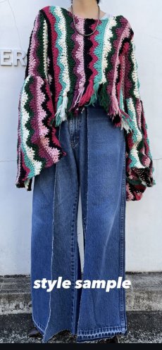 画像11: FLARE SLEEVE MIX COLOR FRINGE KNIT TOPS / Ladies L (11)