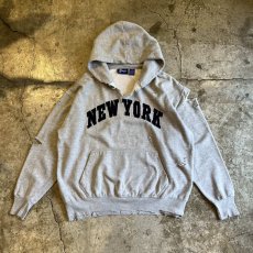 画像1: "NEW YORK" LOGO PATCH EMBROIDERY CRASH DAMAGE DESIGN SWEAT HOODIE / Ladies L(M)  (1)