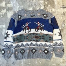 画像1: NATIVE GRAPHIC PATTERN WOOL KNIT SWEATER / Mens L (1)