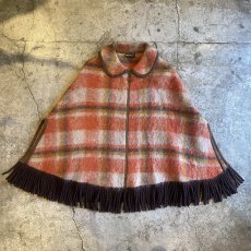 画像1: CHECK PATTERN MOHAIR WOOL FRINGE DESIGN PONCHO / Ladies M (1)