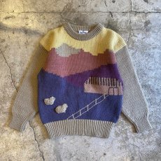 画像1: LANDSCAPE PATTERN DECORATIVE SHEEP DESIGN KNIT SWEATER / Ladies M (1)