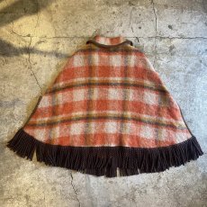 画像2: CHECK PATTERN MOHAIR WOOL FRINGE DESIGN PONCHO / Ladies M (2)