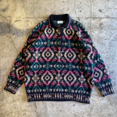 画像1: ALL OVER PATTERN DESIGN POLO KNIT SWEATER / Ladies L / MADE IN ITALY (1)