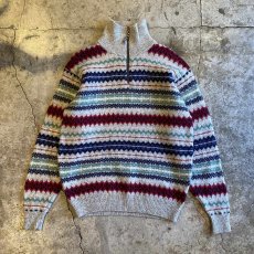 画像1: COLOR MULTI BORDER PATTERN HALF ZIP KNIT SWEATER / Ladies L  (1)