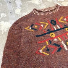 画像3: NATIVE GRAPHIC PATTERN MOCK NECK WOOL HANDKNIT SWEATER / Mens L (3)