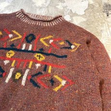 画像4: NATIVE GRAPHIC PATTERN MOCK NECK WOOL HANDKNIT SWEATER / Mens L (4)