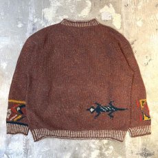 画像2: NATIVE GRAPHIC PATTERN MOCK NECK WOOL HANDKNIT SWEATER / Mens L (2)