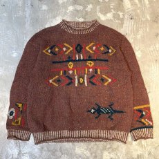 画像1: NATIVE GRAPHIC PATTERN MOCK NECK WOOL HANDKNIT SWEATER / Mens L (1)