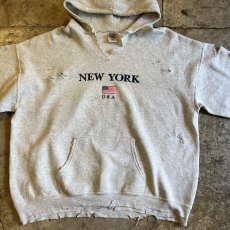 画像9: FRONT "NEW YORK USA" LOGO EMBROIDERY CRASH DAMAGE DESIGN SWEAT HOODIE / Ladies XL  (9)