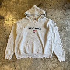 画像1: FRONT "NEW YORK USA" LOGO EMBROIDERY CRASH DAMAGE DESIGN SWEAT HOODIE / Ladies XL  (1)