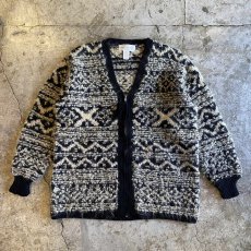 画像1: ALL OVER PATTERN HAND KNIT ZIP UP DESIGN CARDIGAN / Ladies L (1)