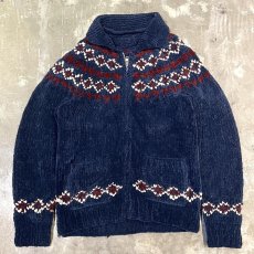 画像1: NATIVE PATTERN ZIP UP CHENILL KNIT JACKET / Mens L (1)