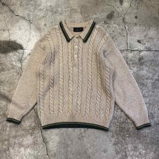 画像1: 2 COLOR LINE FRONT SPOON CABLE DESIGN POLO KNIT SWEATER / Ladies L / MADE IN USA (1)