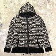 画像1: NATIVE PATTREN WOOL KNIT ZIP UP HOODIE JACKET / Mens L / MADE IN NEPAL (1)