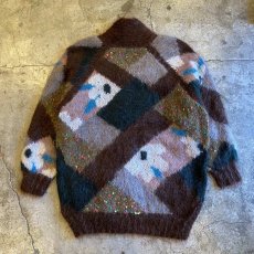 画像2: MIX PATTERN COLOR DOUBLE DESIGN KNIT MOHAIR CARDIGAN / Ladies L (2)