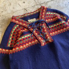 画像3: OLD NATIVE PATTERN LACE UP DESIGN NORDIC KNIT TOPS / Ladies L / MADE IN NOWAY  (3)