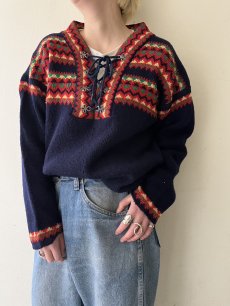 画像12: OLD NATIVE PATTERN LACE UP DESIGN NORDIC KNIT TOPS / Ladies L / MADE IN NOWAY  (12)