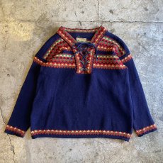 画像1: OLD NATIVE PATTERN LACE UP DESIGN NORDIC KNIT TOPS / Ladies L / MADE IN NOWAY  (1)