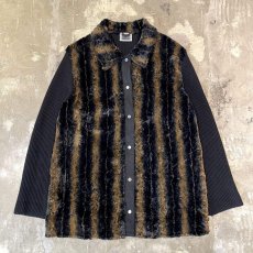 画像1: STRIPE PATTERN FAUX FUR SWITCHED KNIT SHIRT JACKET / Mens M~L / MADE IN ITALY (1)