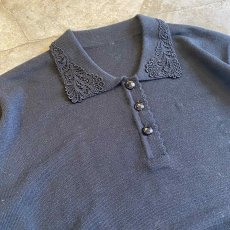 画像3: BLACK COLOR POINT LACE COLLAR DESIGN L/S POLO TOPS / Ladies M (3)