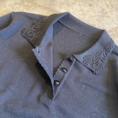 画像7: BLACK COLOR POINT LACE COLLAR DESIGN L/S POLO TOPS / Ladies M (7)