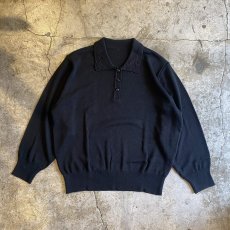 画像1: BLACK COLOR POINT LACE COLLAR DESIGN L/S POLO TOPS / Ladies M (1)