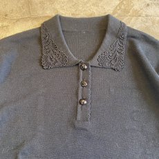 画像4: BLACK COLOR POINT LACE COLLAR DESIGN L/S POLO TOPS / Ladies M (4)